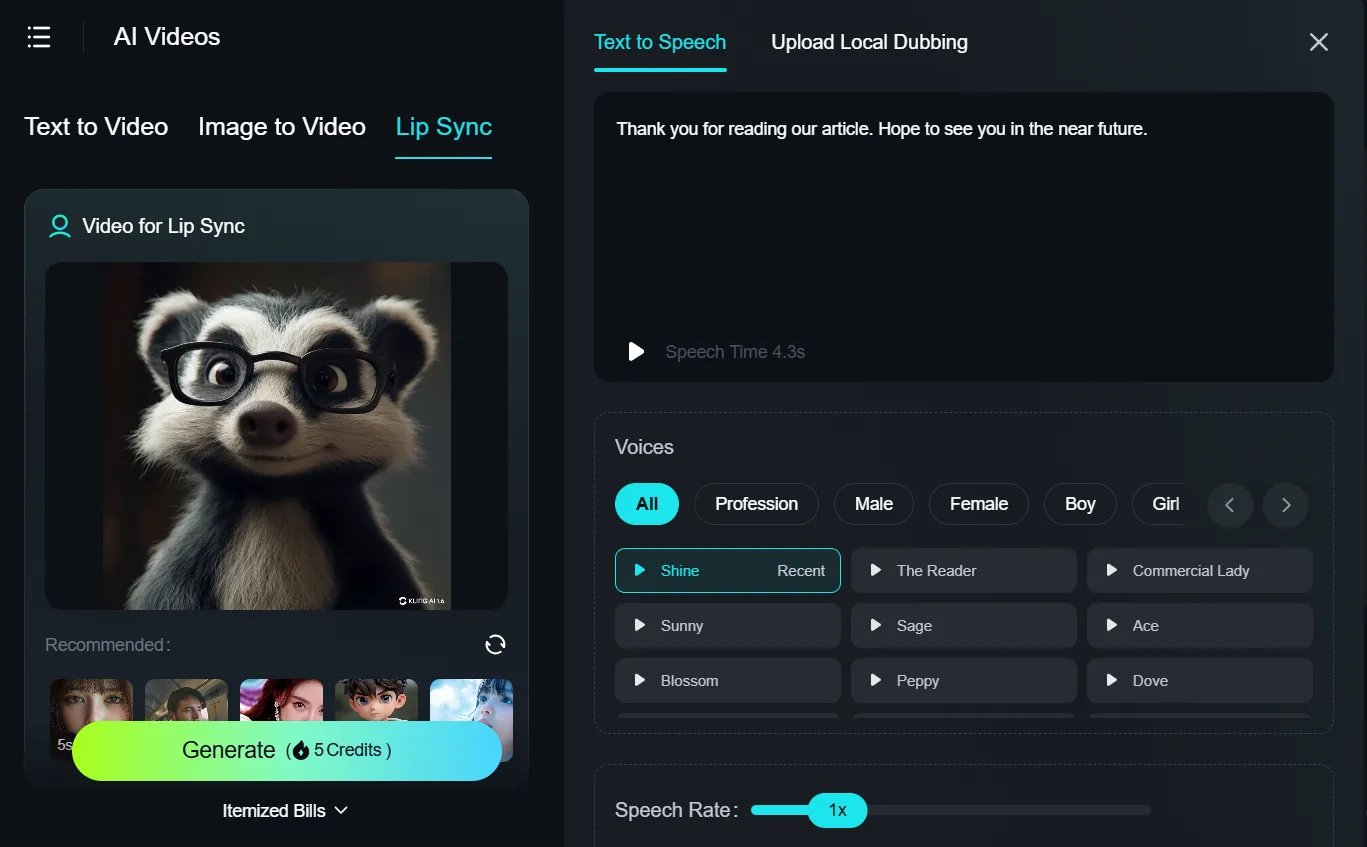 Lip Sync workspace with voice selection